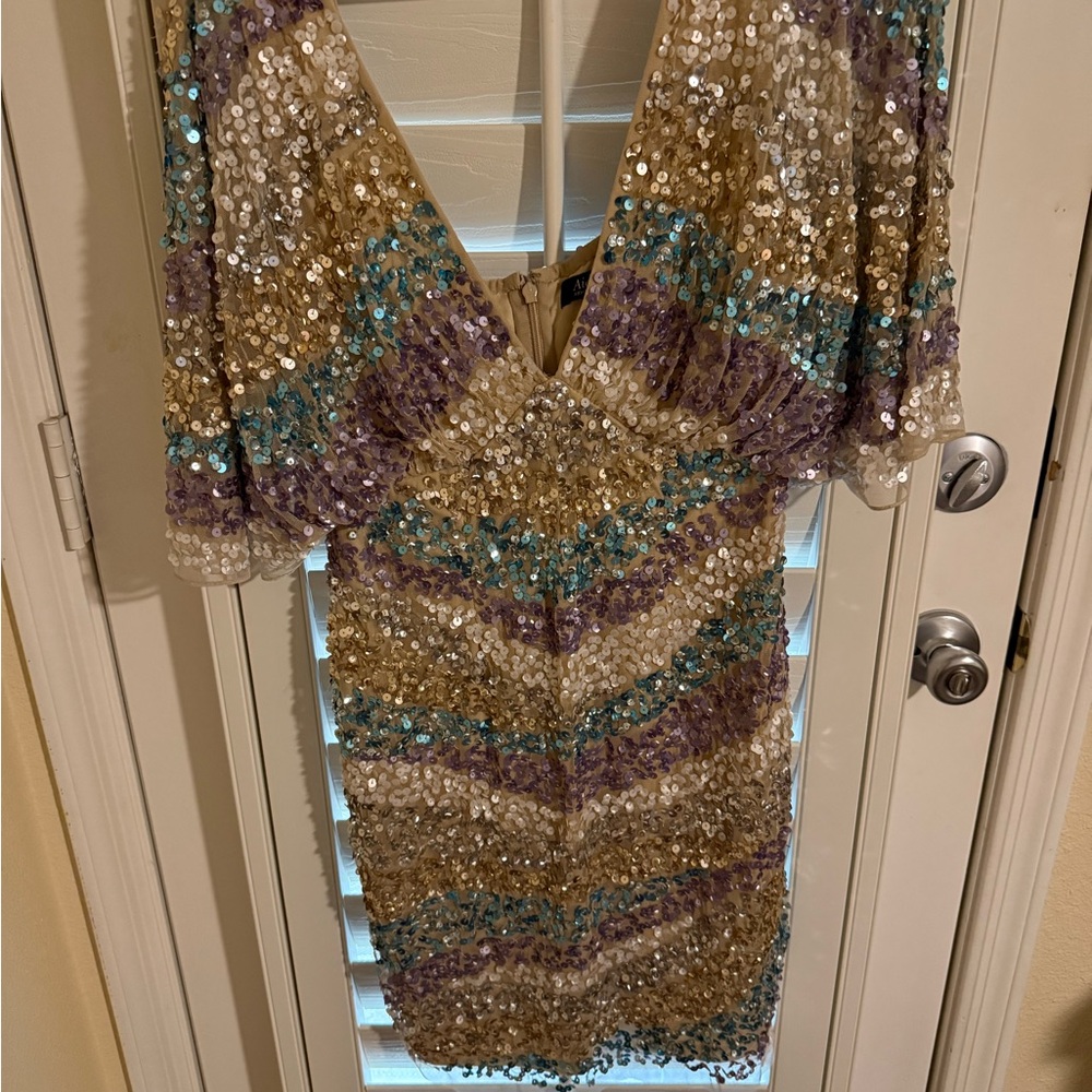 Aidan Mattox Gold Sequin Mini with Teal & Lavender Accents